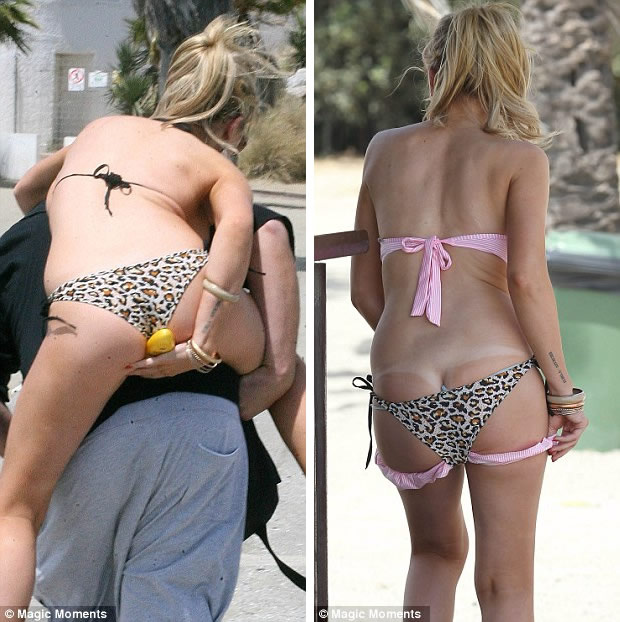 Bum note: Miss Fowler got a lift across the sand, before getting into a spot of bother with her wayward bikini bottoms